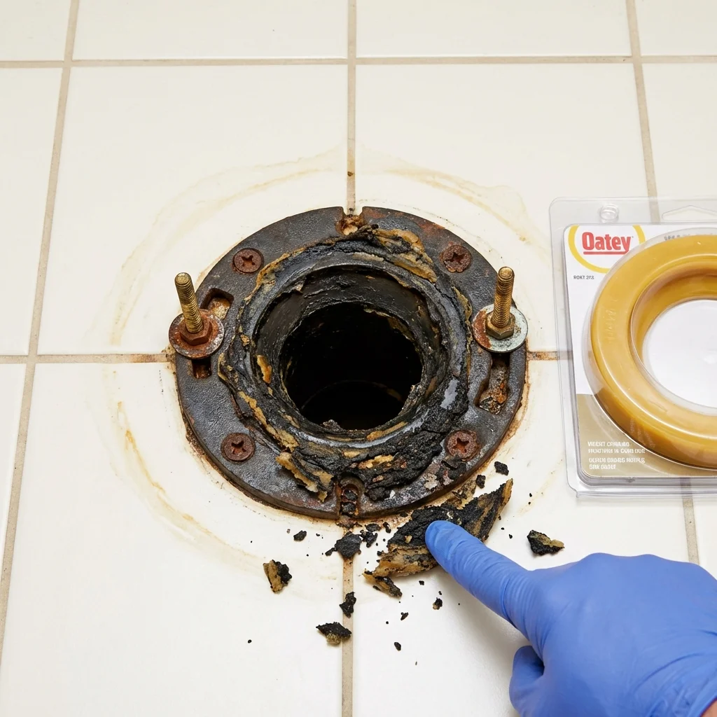 Failed wax ring showing water seepage at the base of a toilet in a Altoona, WI home