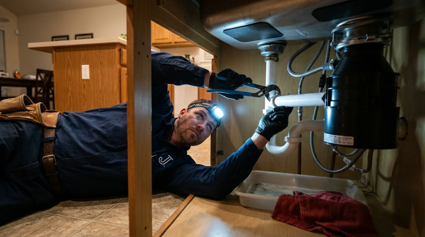 P-trap and supply line connections under a kitchen sink showing a common leak point in Altoona, WI